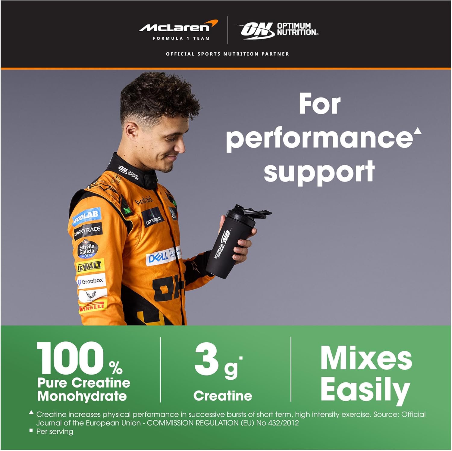 Person in orange racing suit holding a supplement container with McLaren and Optimum Nutrition branding.