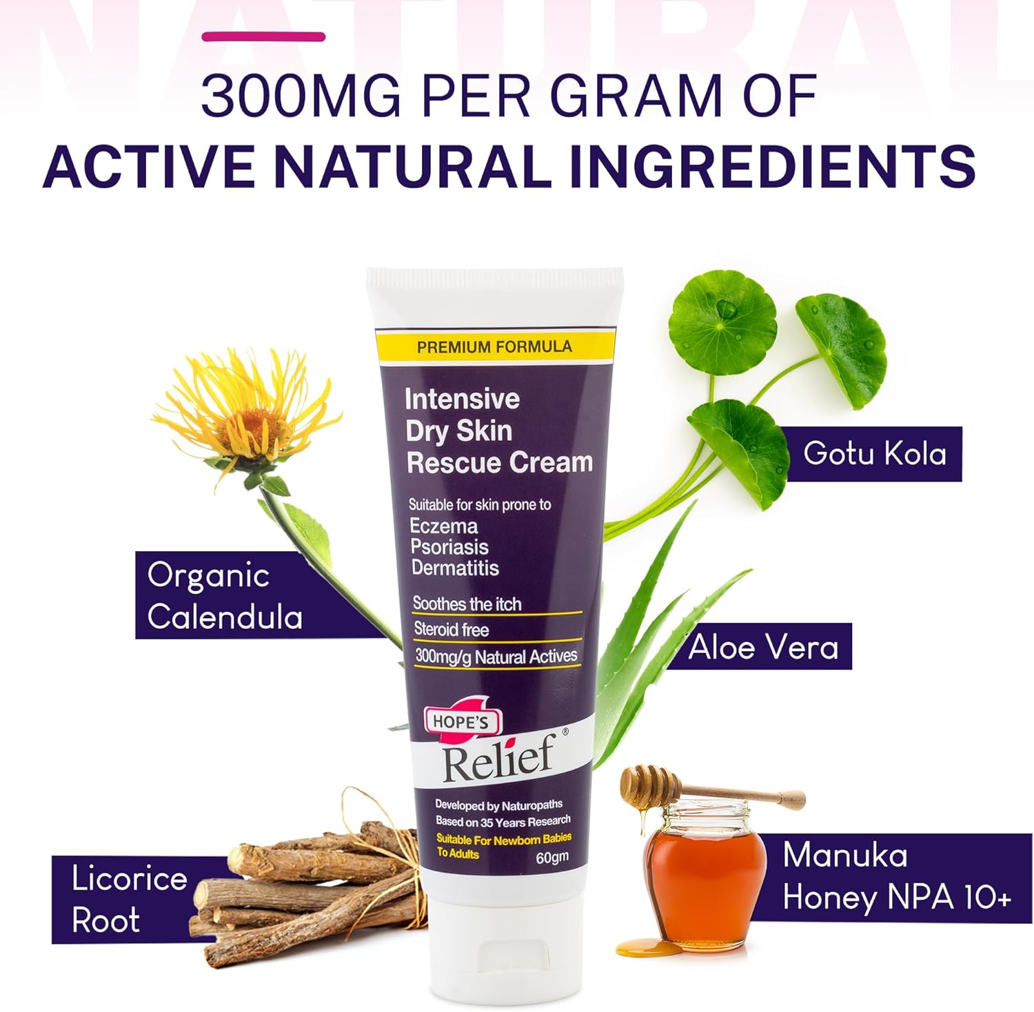 Hofe's Relief Intensive Dry Skin Rescue Cream with natural ingredients on a white background