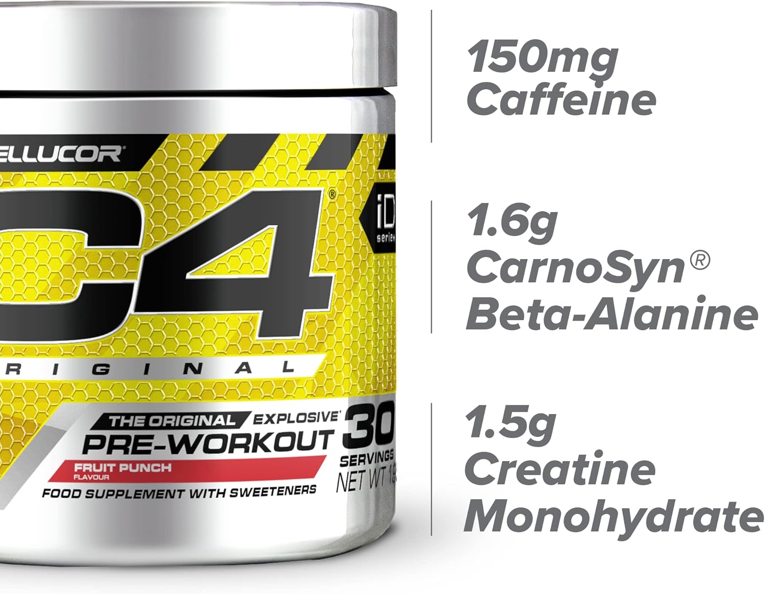 C4 pre-workout supplement container with nutritional information on a white background