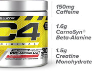 C4 pre-workout supplement container with nutritional information on a white background
