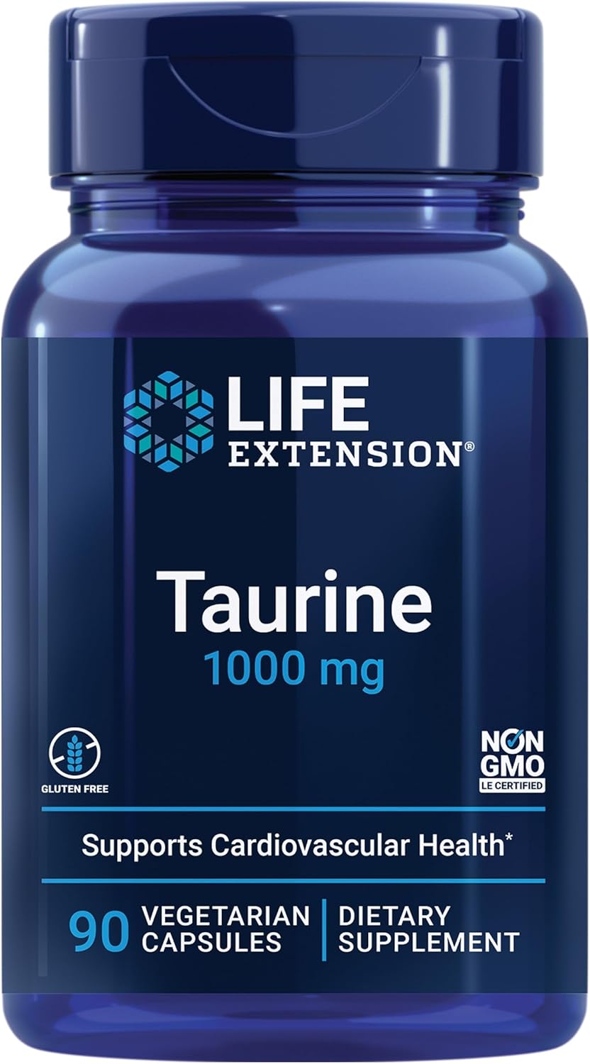Life Extension Pure Taurine 1000mg supplement bottle, 90 vegetarian capsules.