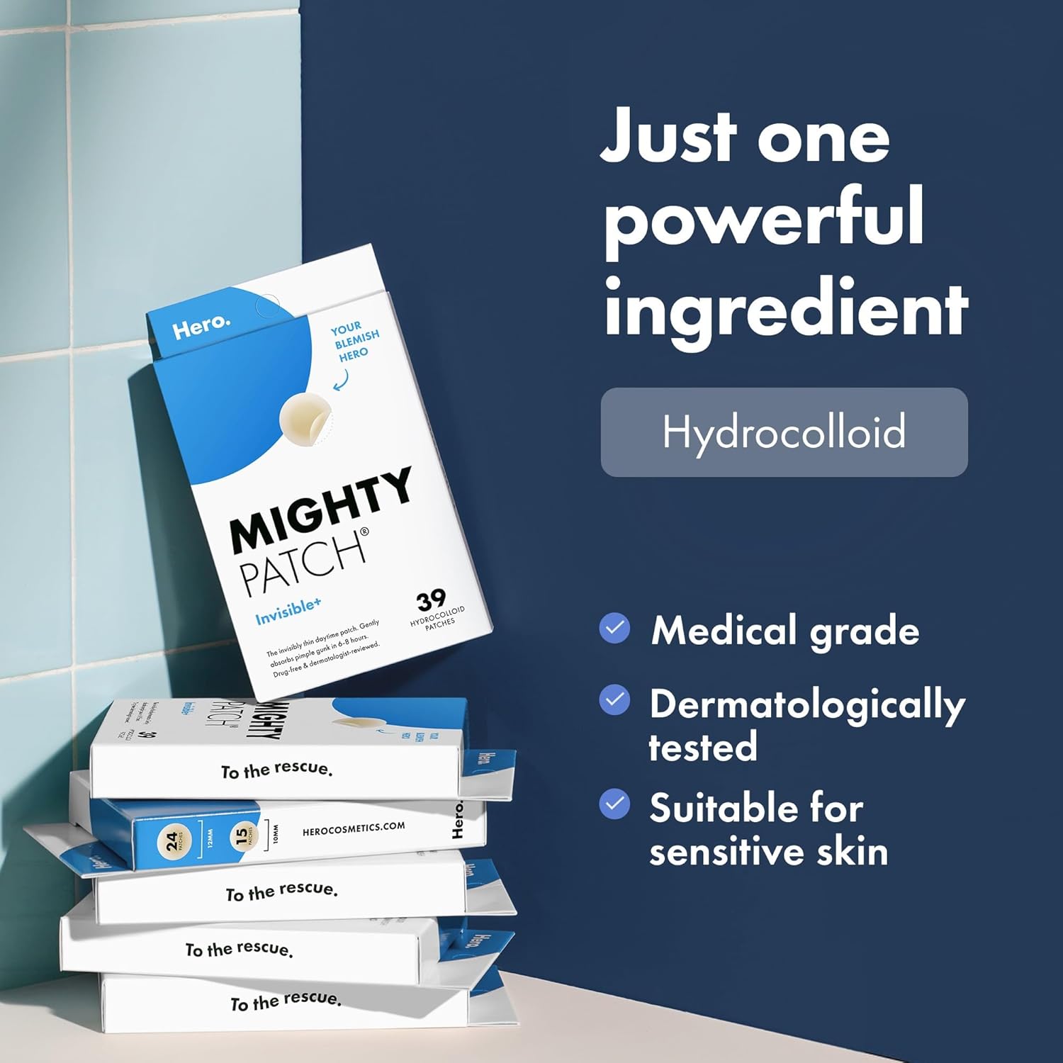 Box of Hero Mighty Patch Invisible+ clear hydrocolloid acne patches, 39 count.