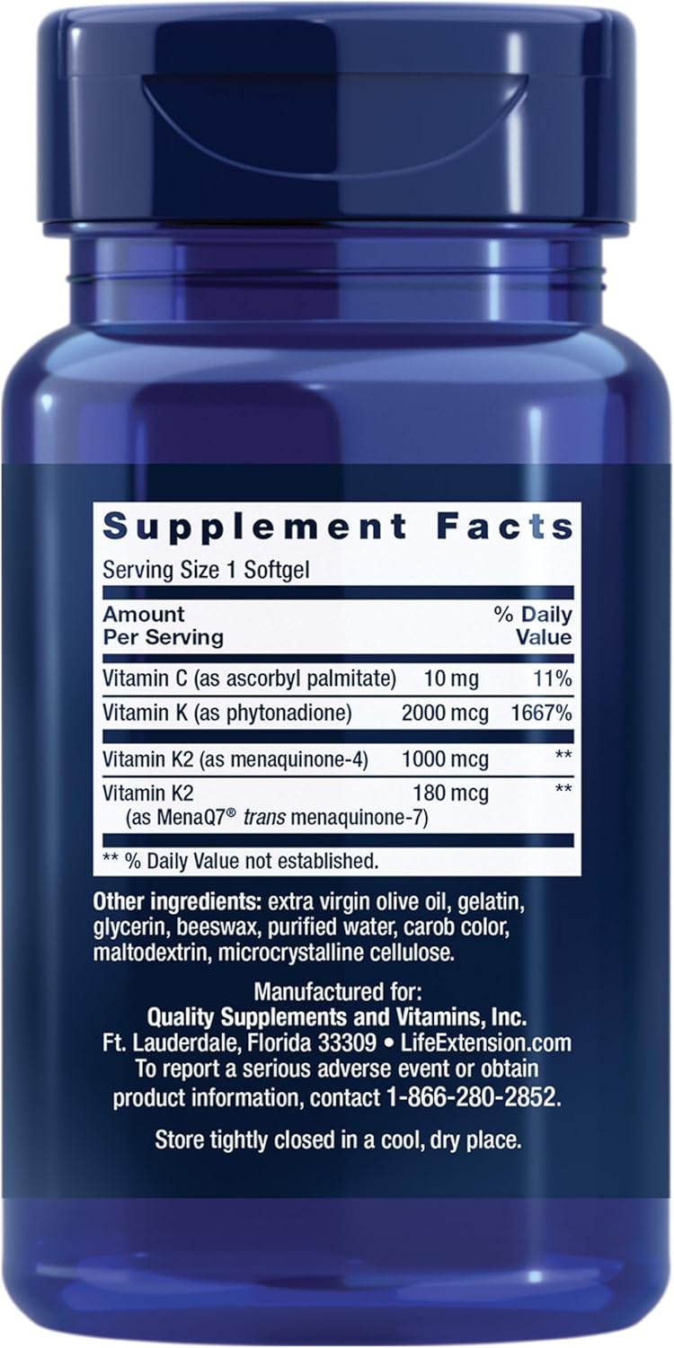 Supplement facts for Life Extension Super K showing K1, MK-4, and MK-7 amounts.