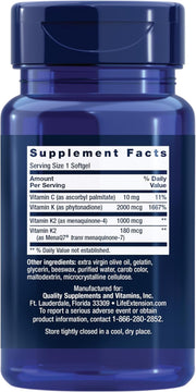 Supplement facts for Life Extension Super K showing K1, MK-4, and MK-7 amounts.