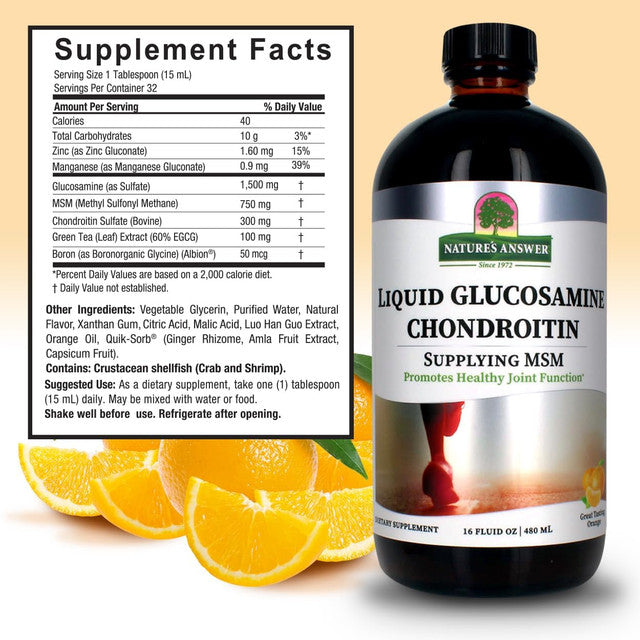 Nature's Answer Liquid Glucosamine Chondroitin MSM Orange 480ml supplement facts and directions