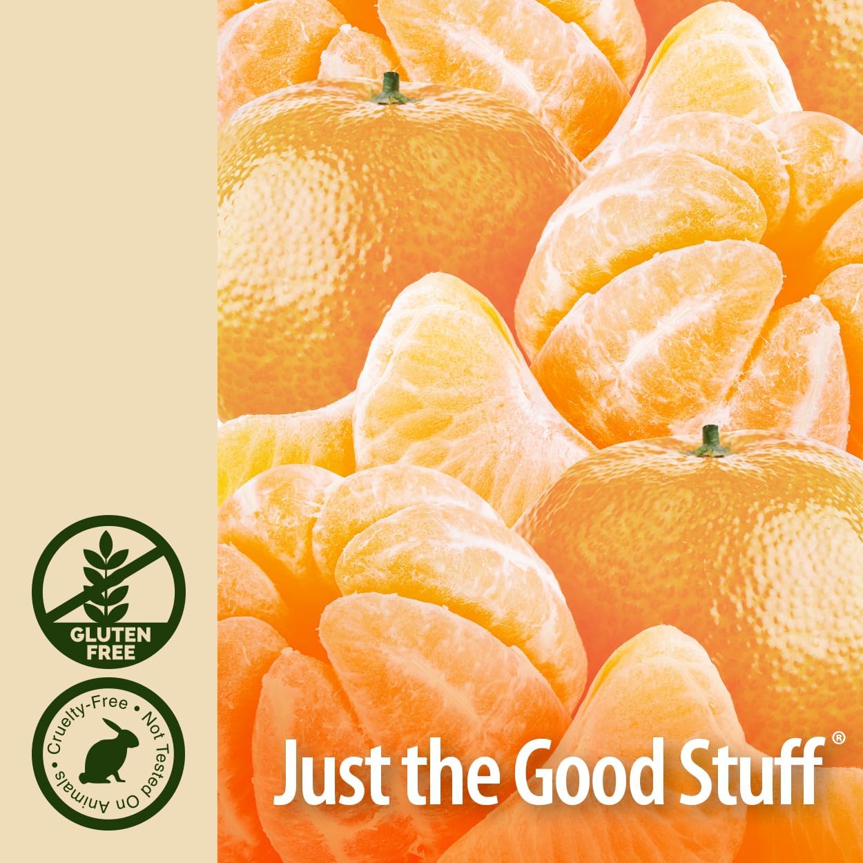 Oranges with 'Just the Good Stuff' branding and gluten-free certification logo.