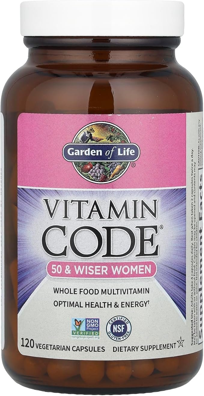 Garden of Life Vitamin Code Raw Multivitamin for Women 50 Plus bottle on white background. 120 Count