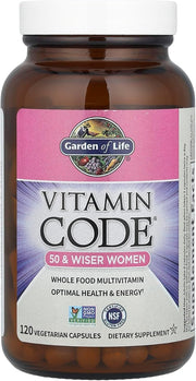 Garden of Life Vitamin Code Raw Multivitamin for Women 50 Plus bottle on white background. 120 Count