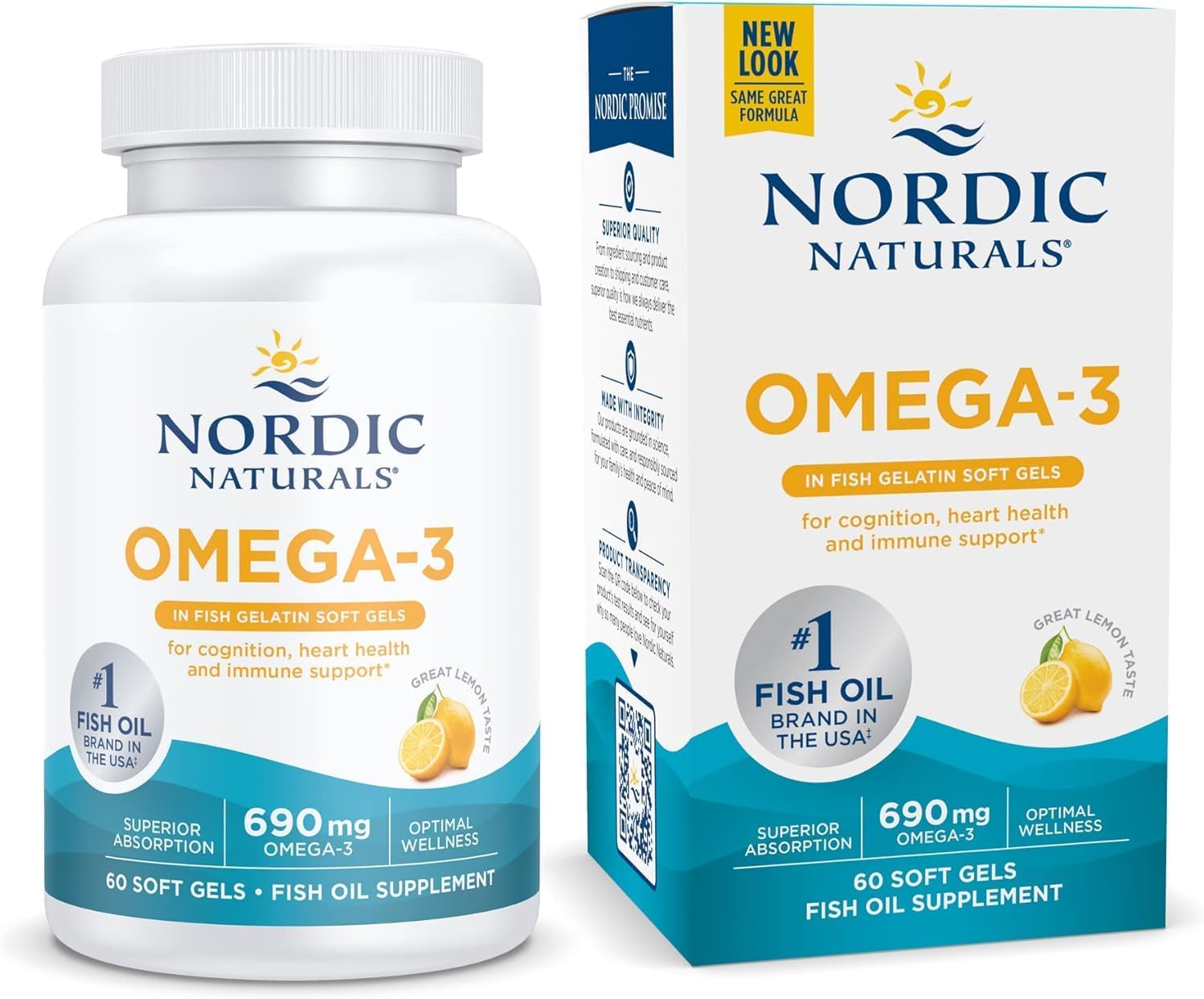 Nordic Naturals Lemon Omega-3 Fish Gelatin Soft Gels bottle & box, 60 count.