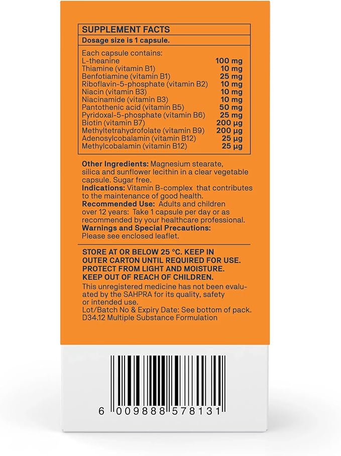 Back: Supplement facts label for Activated B Complex showing methylated B vitamins and L-theanine.