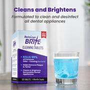 Retainer Brite Cleaning Tablets, cardboard box and tablet packaging, no flavour specified, 96 tablets, safety information