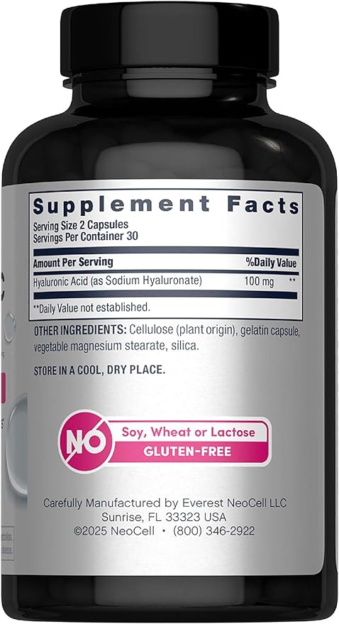 Supplement facts panel for NeoCell HA capsules, 60 count.