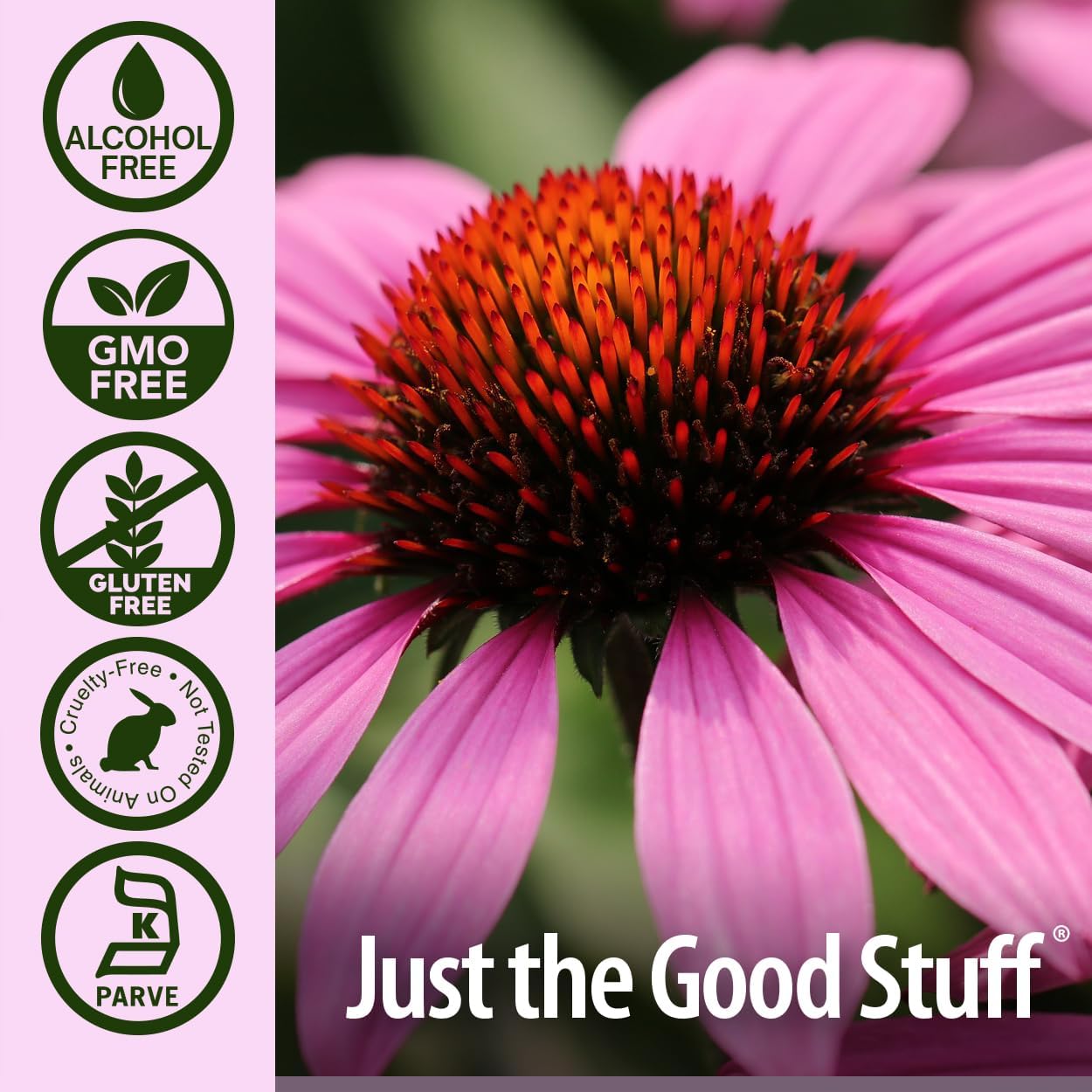 Pink flower with 'Just the Good Stuff' branding and certification logos on a purple background