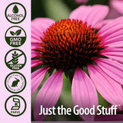 Pink flower with 'Just the Good Stuff' branding and certification logos on a purple background
