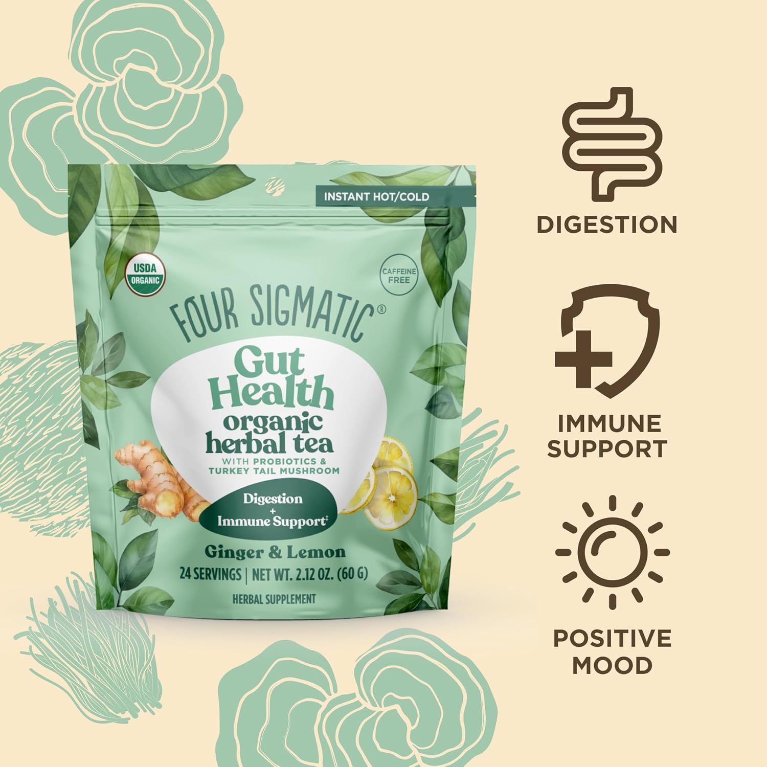 Four Sigmatic Gut Health Organic Herbal Tea – Ginger & Lemon (60.6g)