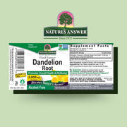 Natures Answer Dandelion Root supplement label on a green background