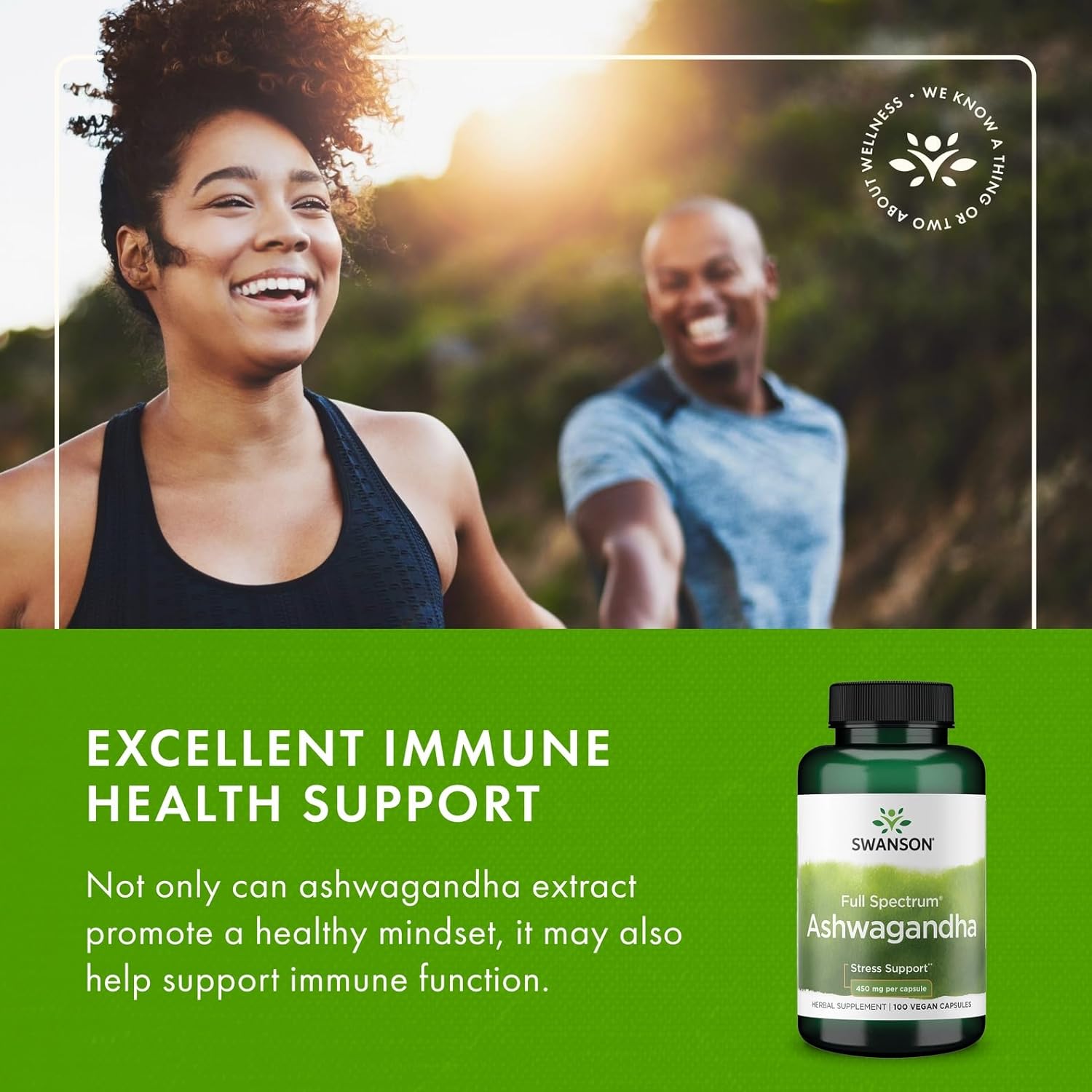 Advertisement for Swanson Ashwagandha supplement with a woman and man in the background