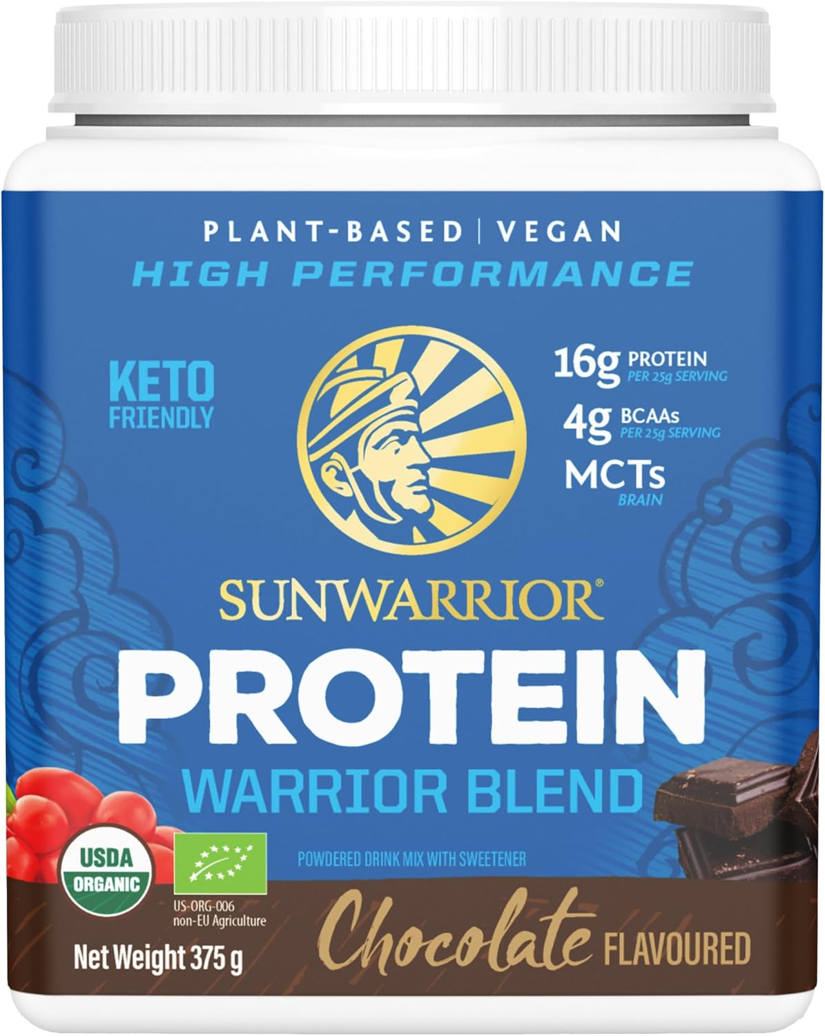 Sunwarrior Plant-Based Protein Powder tub, chocolate flavour 375g.