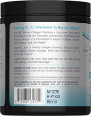 Supplement facts and nutrition label barcode for unflavored marine collagen powder.