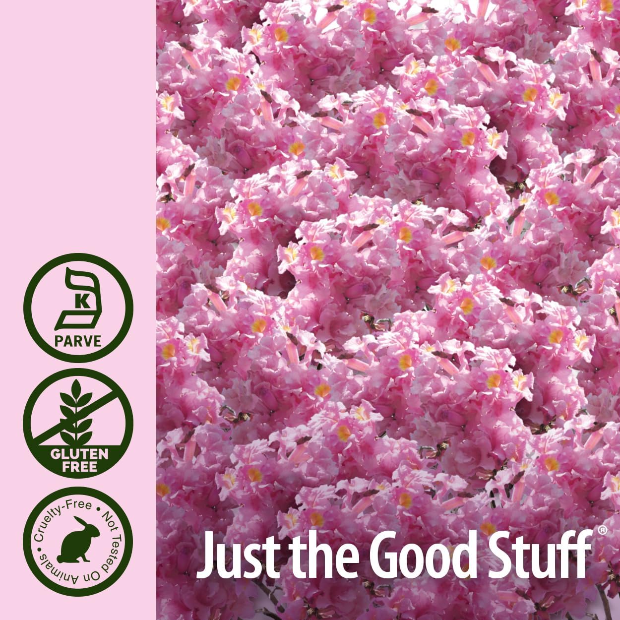 Pink sprinkles with 'Just the Good Stuff' text and certification logos on a pink background