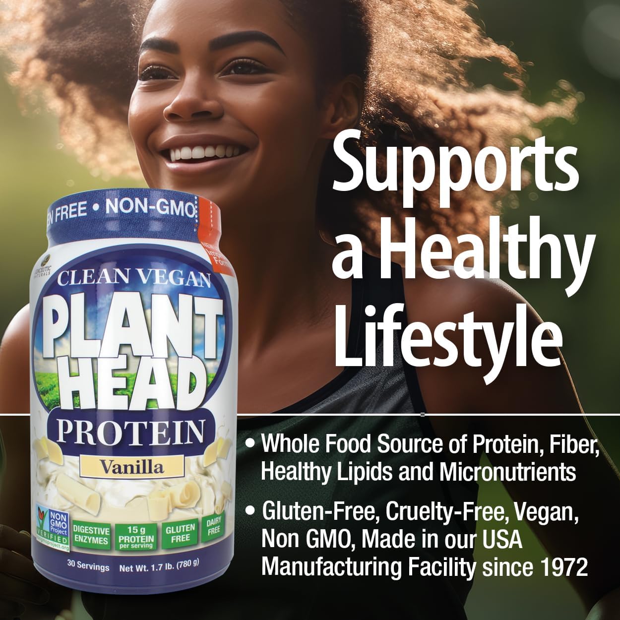 Woman holding a container of Plant Head Protein with promotional text about its benefits.