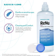 Bausch & Lomb ReNu MPS bottle with product features on a white background