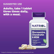 bottle of Natrol Glucosamine Chondroitin and MSM tablets, 150 count, on a clean white background.