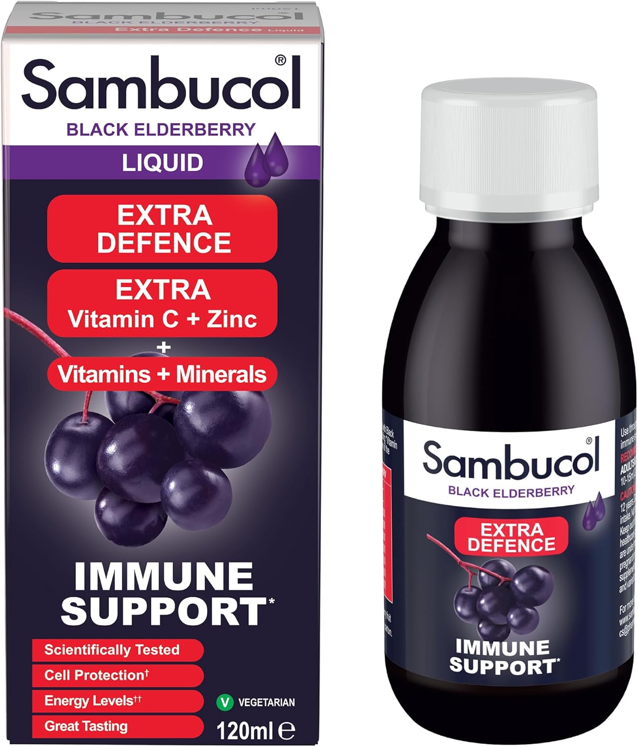 Sambucol Black Elderberry Liquid bottle and packaging on a white background