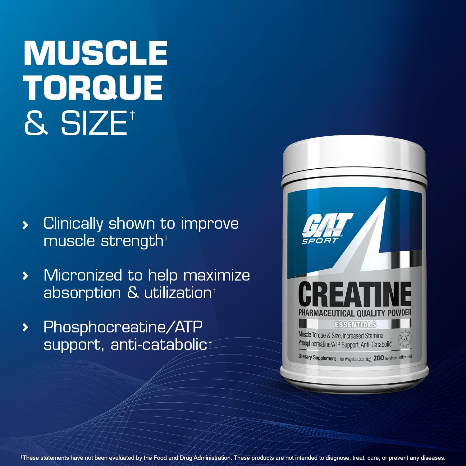GAT Sport Creatine supplement container with text on a blue background