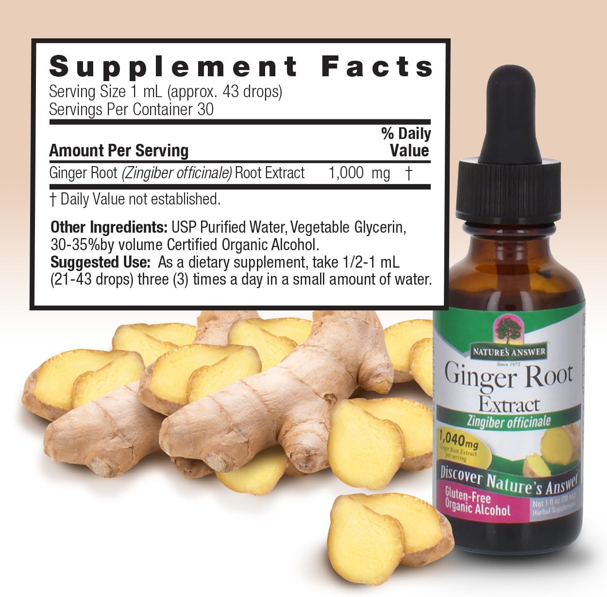 Bottle of Ginger Root Extract with supplement facts label and ginger roots on a beige background