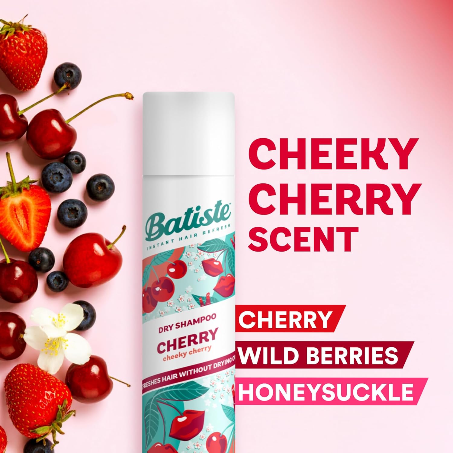 Batiste Dry Shampoo Cherry Cheeky Cherry 200ml can, red design on fruitty pink background.