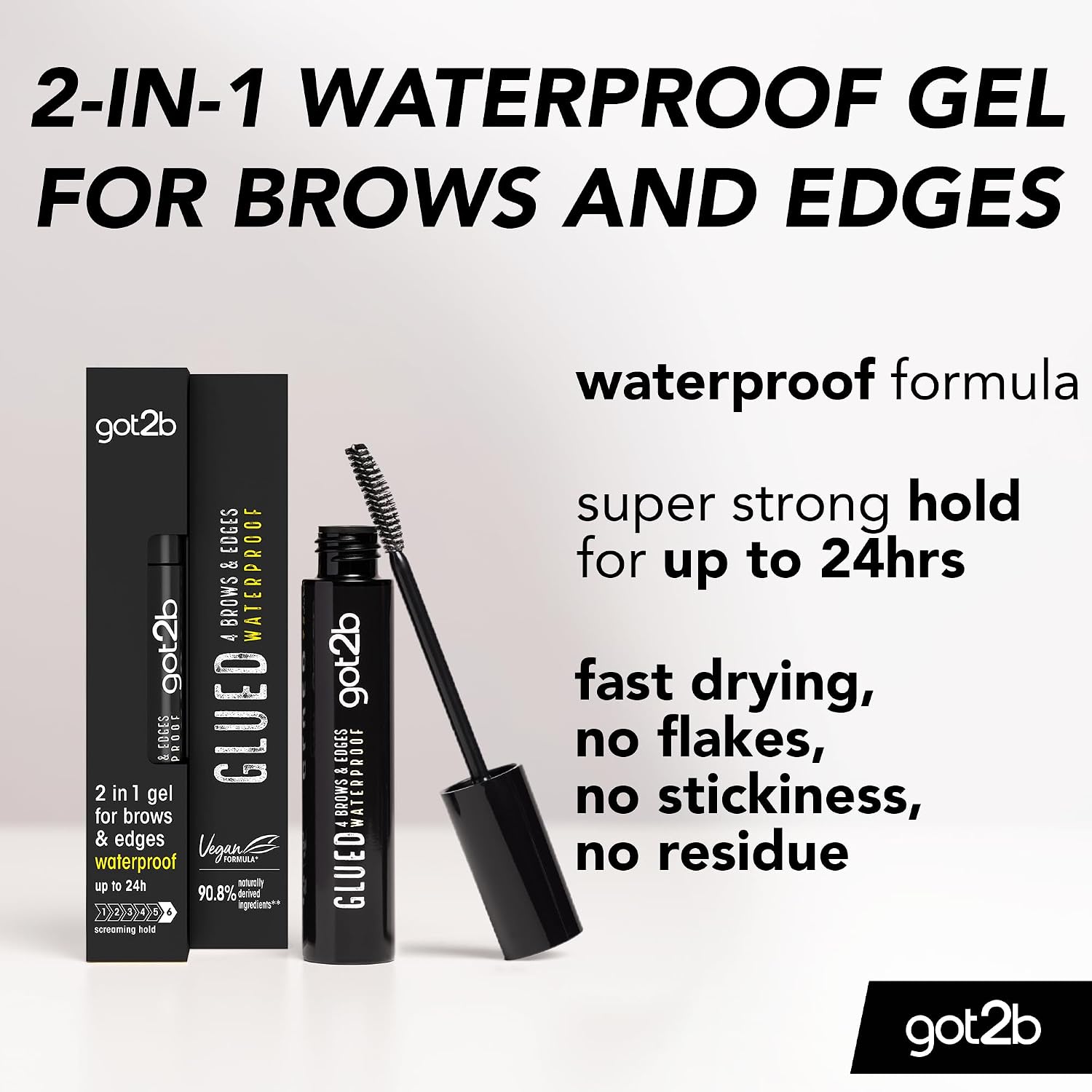 got2b Glued 2 in 1 Brow & Edge Styling Gel, carton and tube packaging, fragrance not specified, 16ml, ingredients information