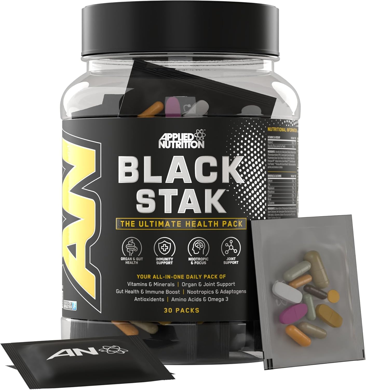 Applied Nutrition Black Stak supplement package with pills on a white background