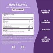 Back: Nutritional info & directions for Natrol Sleep & Restore Gummies.
