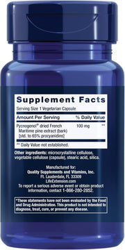 Life Extension Pine Bark Extract supplement facts and ingredients list.