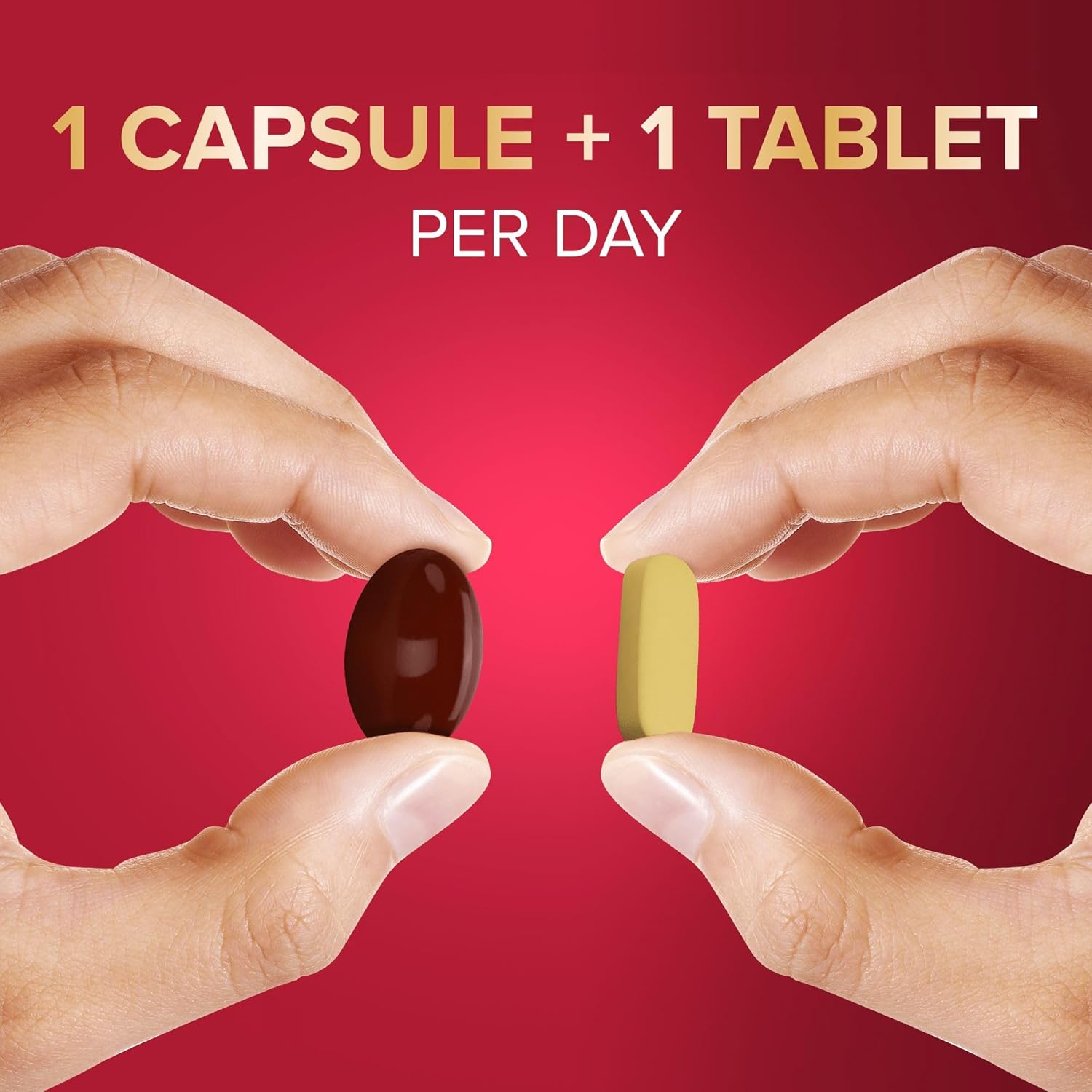 One red fish oil capsule and one gold glucosamine tablet dosage.