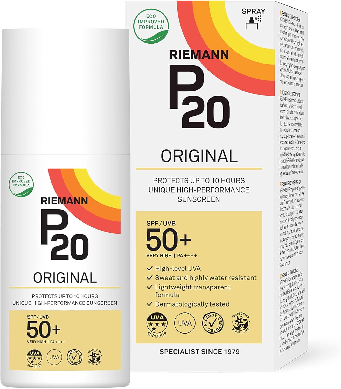 Riemann P20 Original SPF50+ Sunscreen Spray bottle & box, 200ml, on white background.