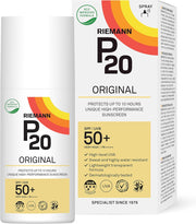 Riemann P20 Original SPF50+ Sunscreen Spray bottle & box, 200ml, on white background.