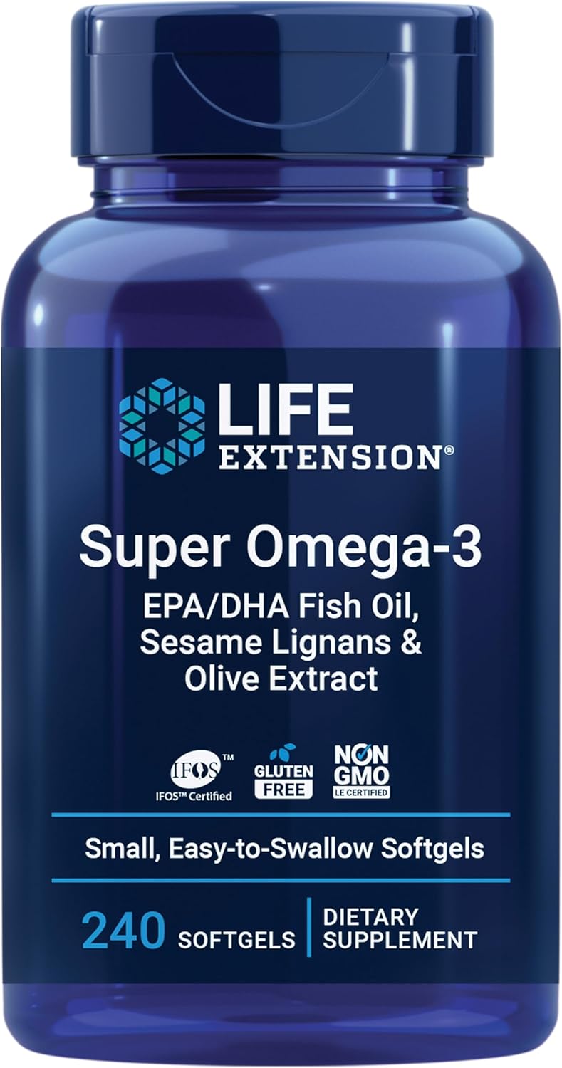 Life Extension Super Omega-3 EPA/DHA Fish Oil bottle with sesame lignans & olive extract, 240 softgels.