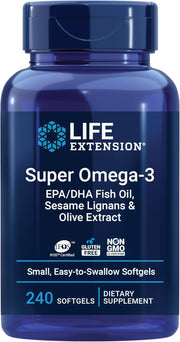 Life Extension Super Omega-3 EPA/DHA Fish Oil bottle with sesame lignans & olive extract, 240 softgels.