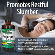 Valerian root supplement bottle with a woman sleeping in the background, promoting restful slumber.