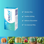 Sealed pack of Anusol Suppositories, 24 count box, on a clean background.