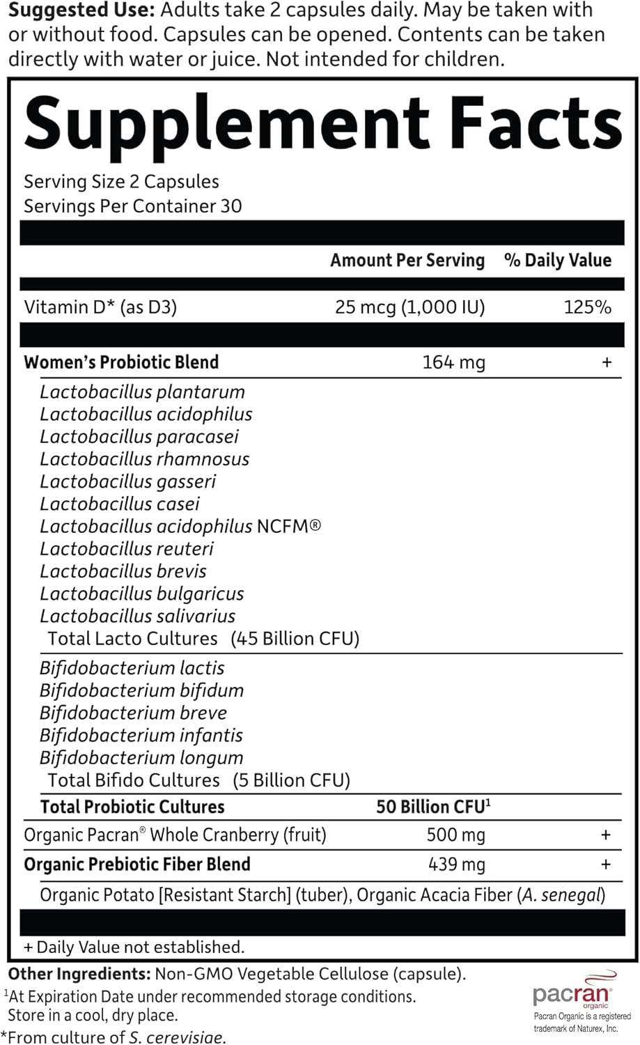 Supplement facts panel showing 50 Billion CFU probiotic blend and ingredients.