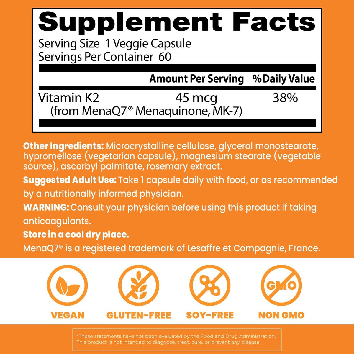 Doctor's Best Natural Vitamin K2 MK-7 with MenaQ7, bottle packaging, unflavoured, 45mcg, 60 or 180 veggie capsules, supplement facts and ingredients