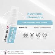 nutritional information, ingredients and safe usage instructions for BetterYou Infant D Spray.