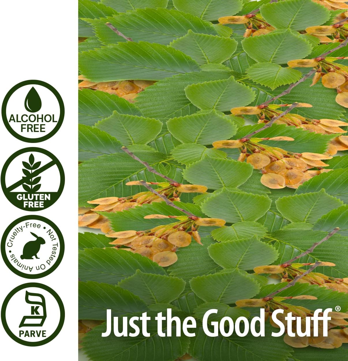 Green leaves with yellow seed pods and 'Just the Good Stuff' branding on a white background