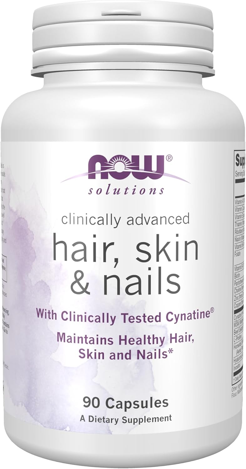 NOW Solutions Hair Skin & Nails Supplement bottle, 90 capsules.