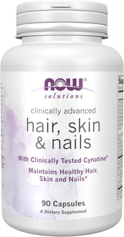 NOW Solutions Hair Skin & Nails Supplement bottle, 90 capsules.
