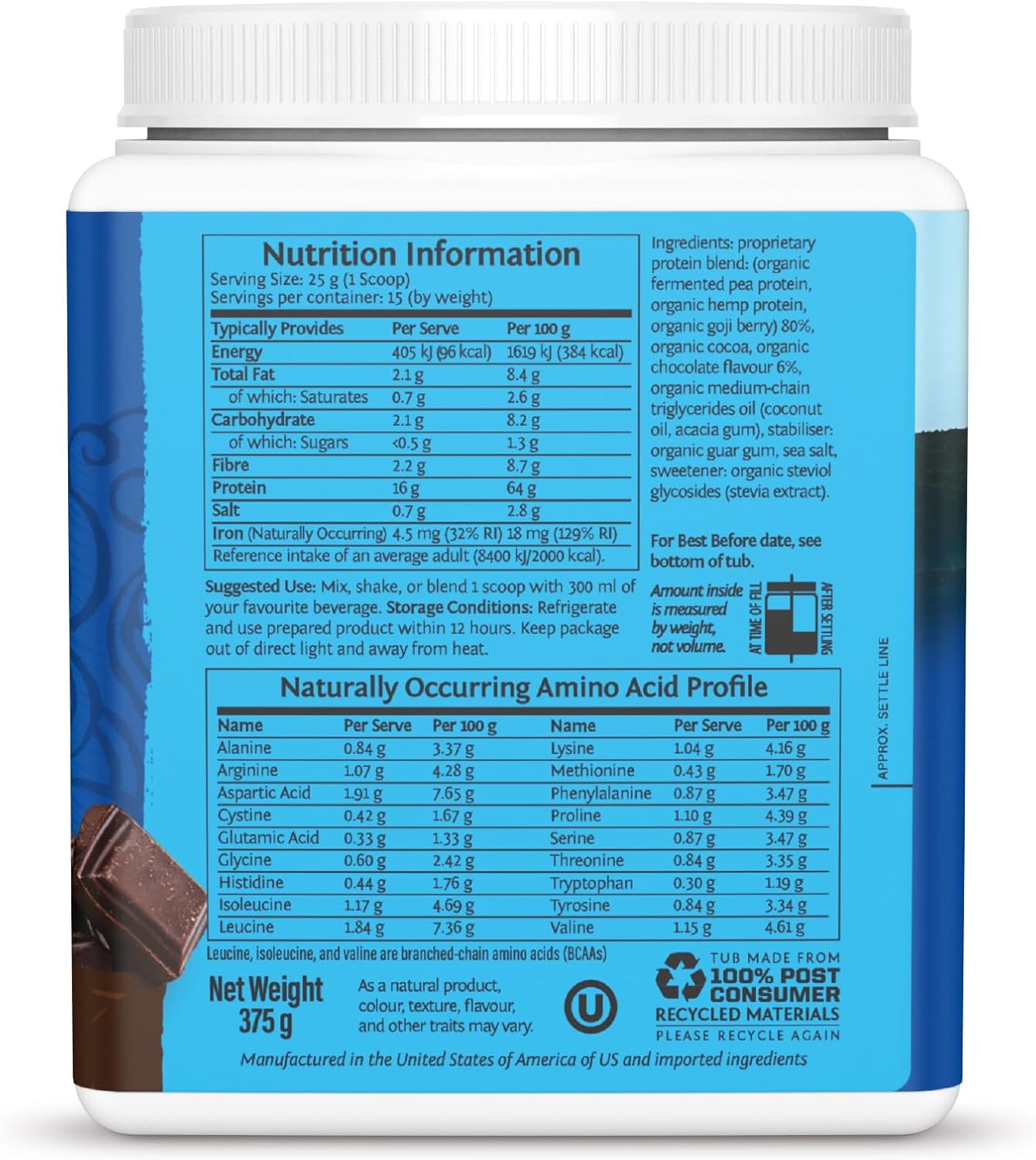 Back of Sunwarrior protein powder tub showing organic certifications.