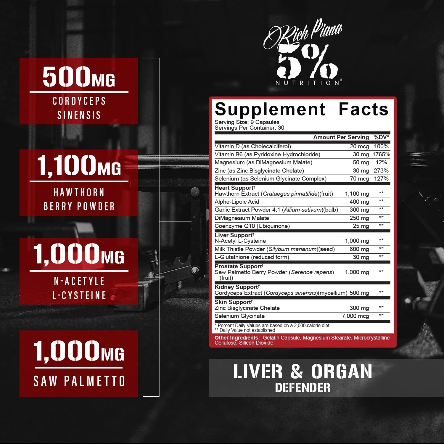 Supplement facts panel for 5% Nutrition support complex showing ingredient list.
